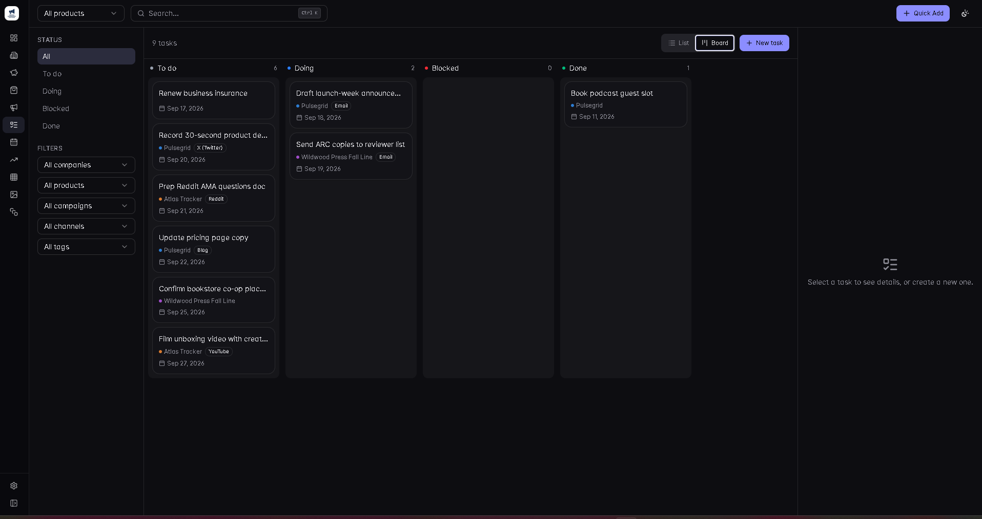 Kaiyo Management's Tasks board with To Do, Doing, Blocked, and Done columns, plus company, product, campaign, channel, and tag filters